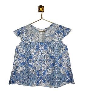 Cartolina Nantucket Maria Top Portugal Tile Blue White Flutter Sleeve Sz L NWT